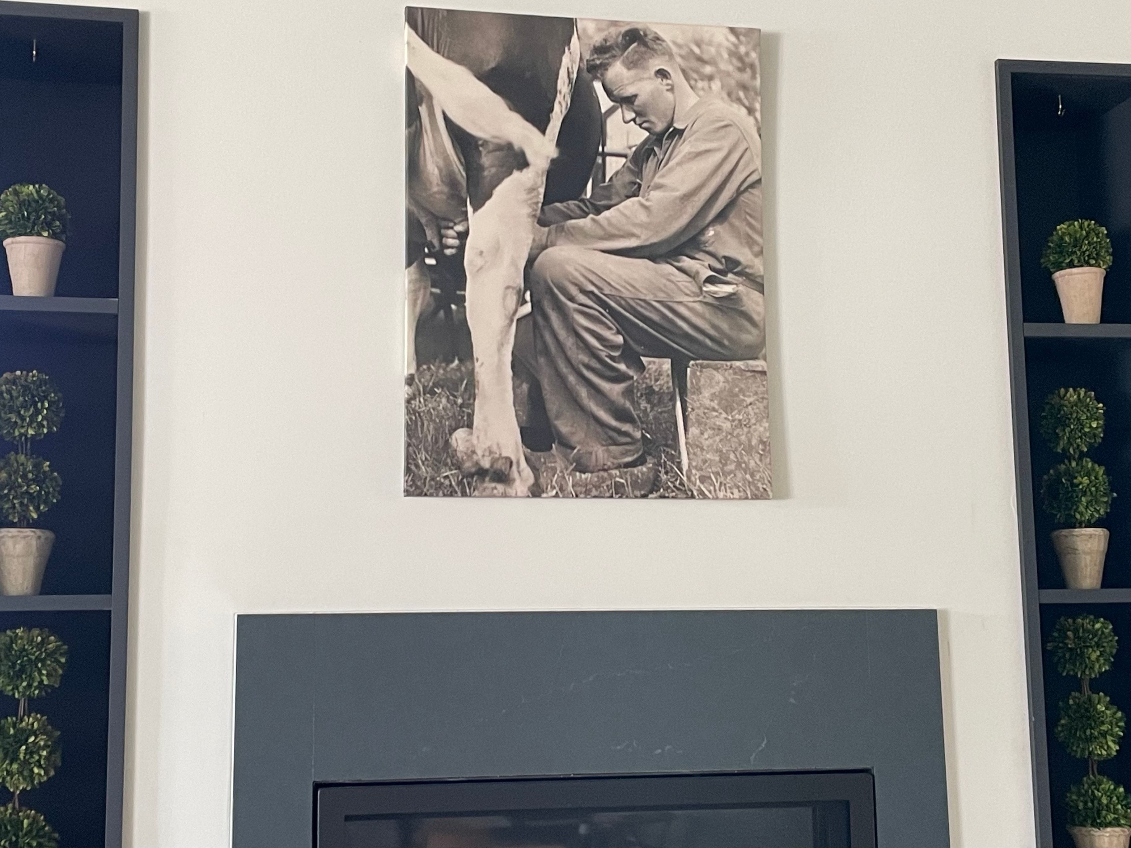 A portrait shows Maartje's grandfather milking a cow in the Netherlands.