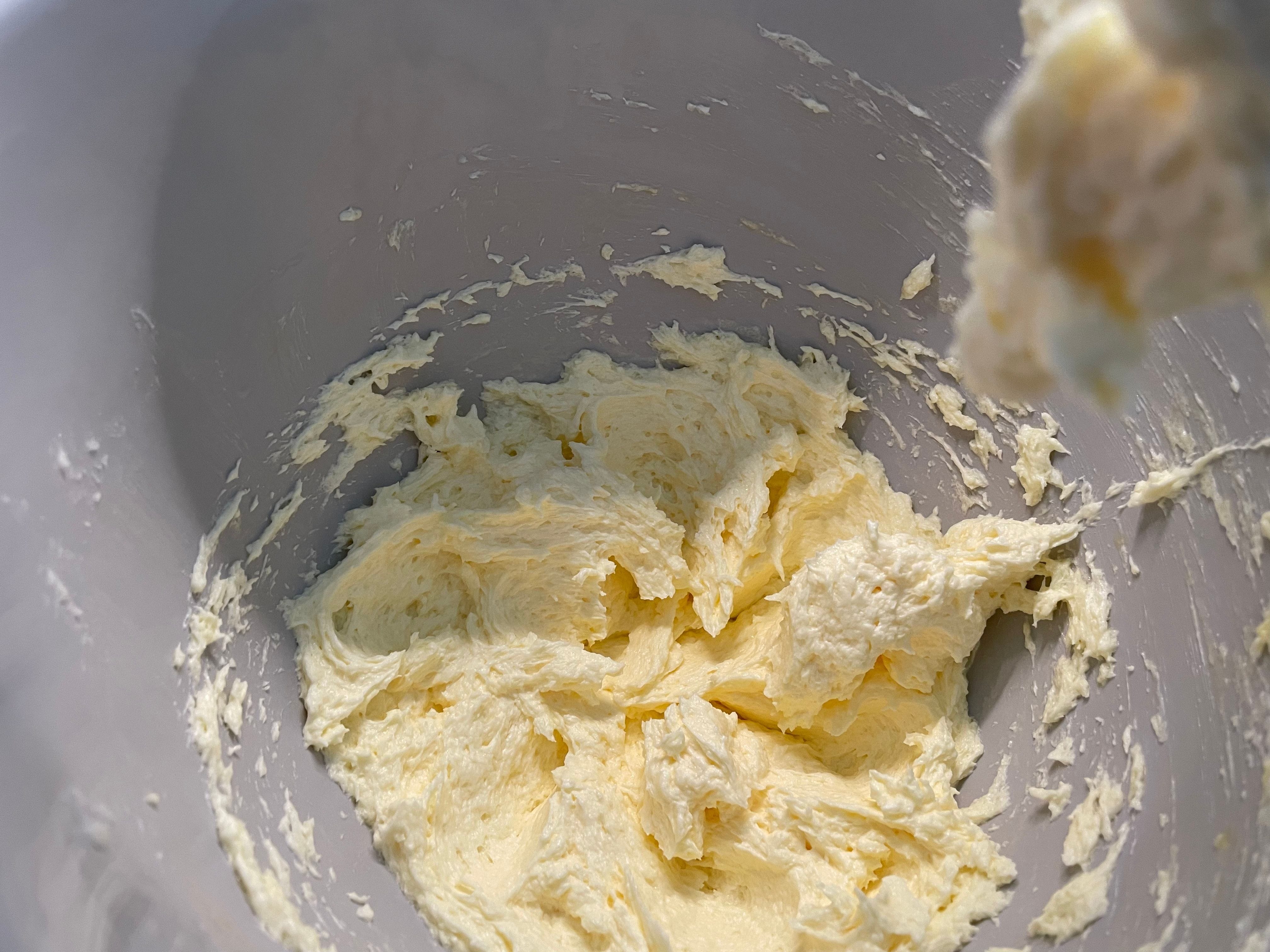 After the right amount of mixing, the butter, sugar, and egg blend nicely.