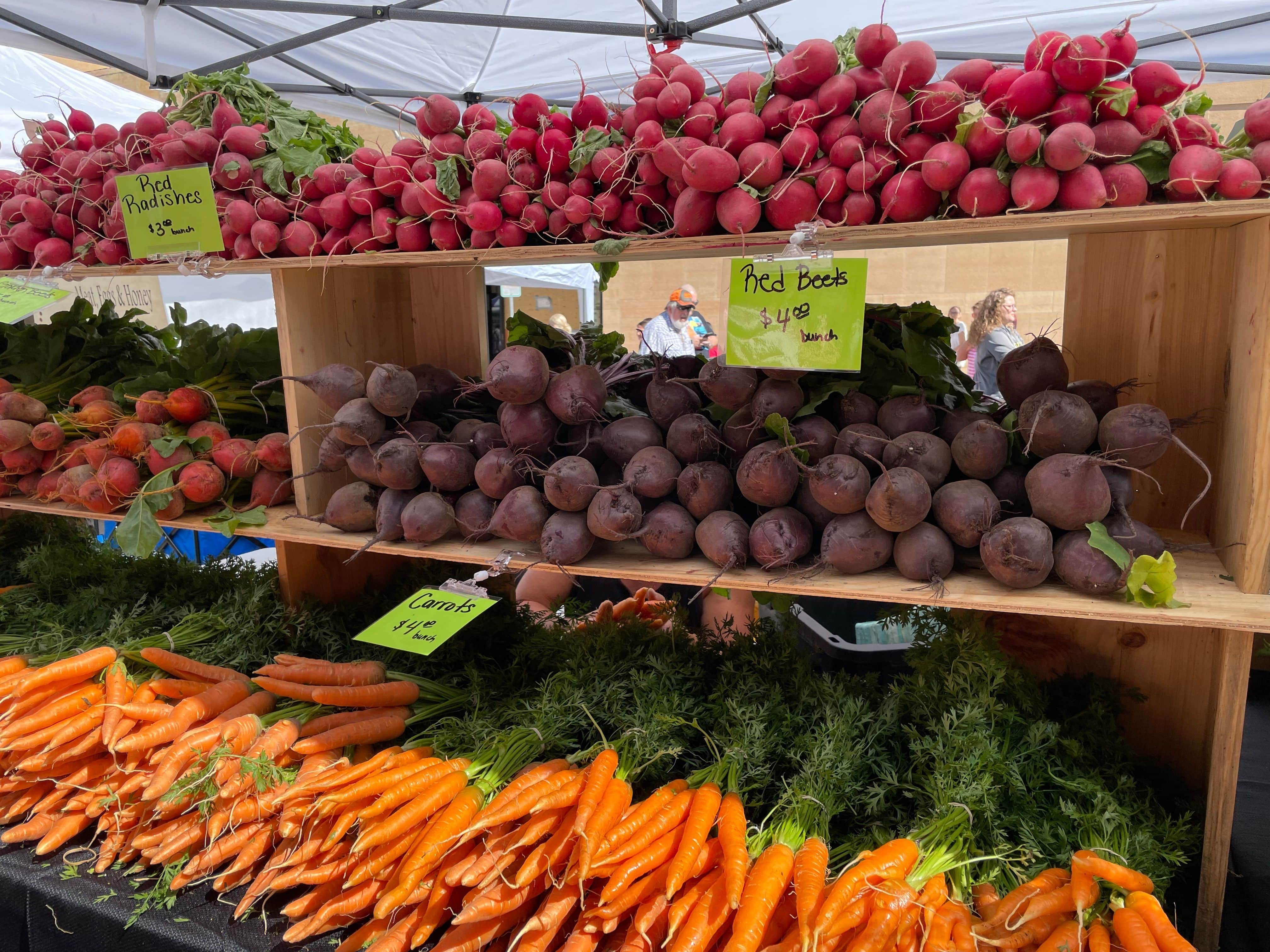 Radishes, beets, and carrots line shelves.