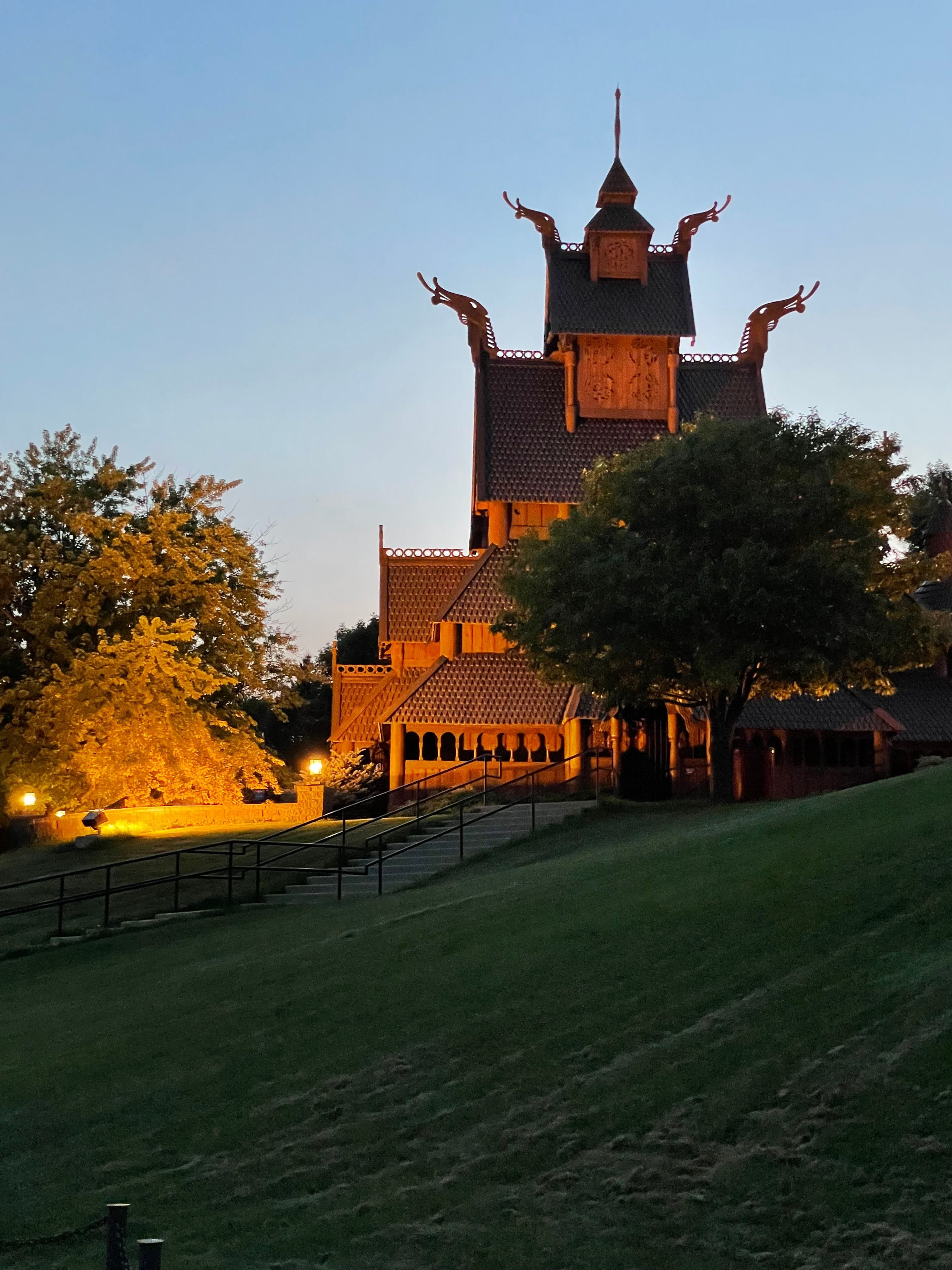 Stave church illuminated at Minot's Scandinavian Heritage Park. 