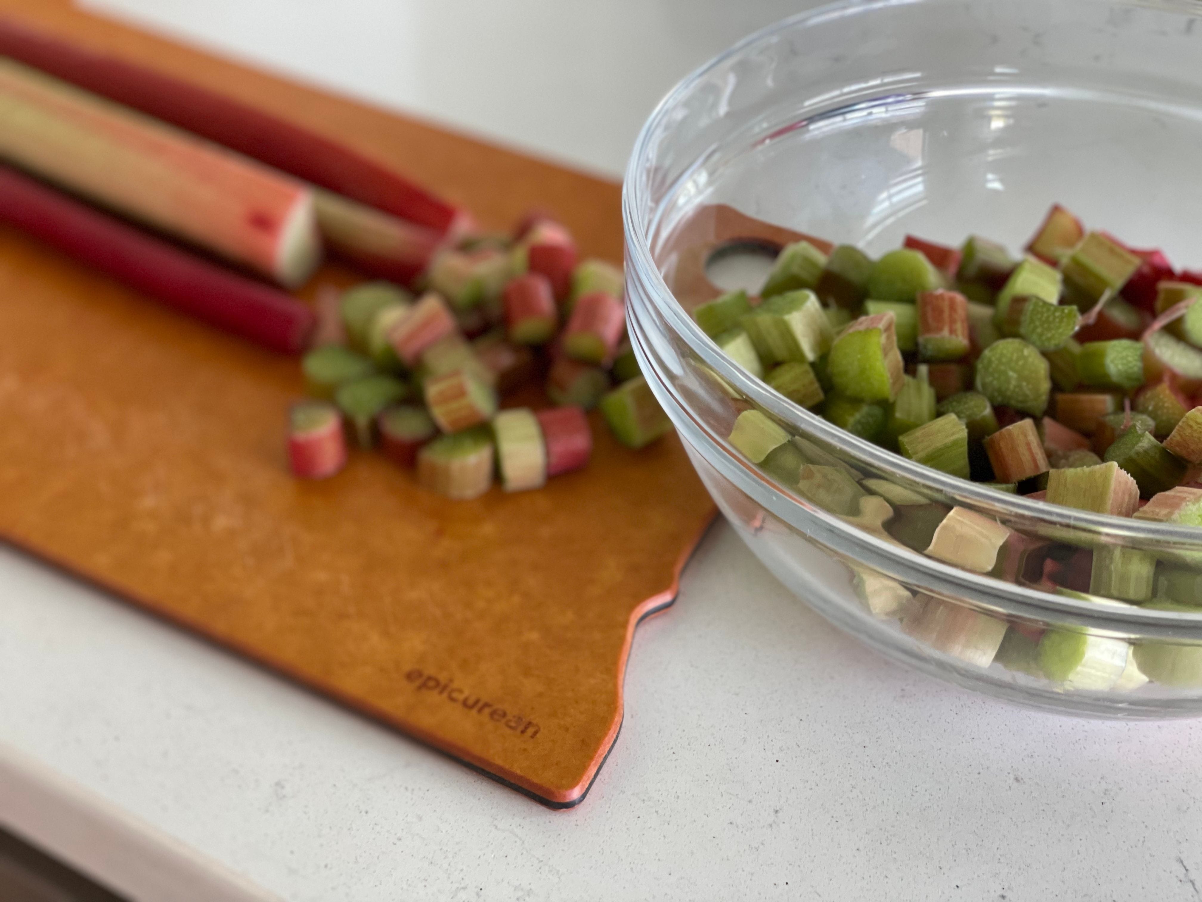 Half-inch slices of rhubarb ready for the cake.